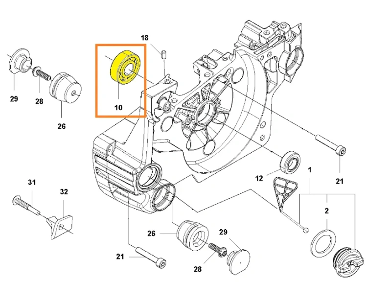 Łożysko kulkowe pilarki Husqvarna 543 XP, metalowe, okrągłe, o gładkiej fakturze. Widoczne w zbliżeniu w schemacie montażowym, Element istotny dla mechanizmu, zaznaczony na żółto,
