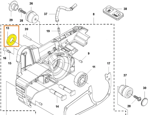 Uszczelniacz wału pilarki Husqvarna 543 XP, zdjęcie schematu przedstawiające umiejscowienie uszczelniacza, oznaczony kolorem żółtym i numerem 13, widoczne inne części pilarki,