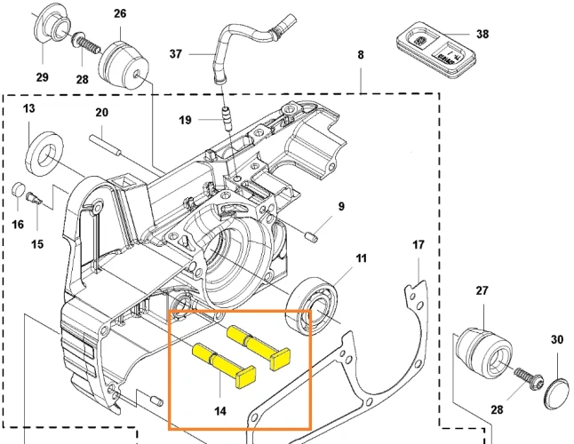 Śruba skrzyni korbowej pilarki 543 XP Husqvarna, śruba oznaczona kolorem żółtym, na schemacie widoczne są też inne części pilarki,