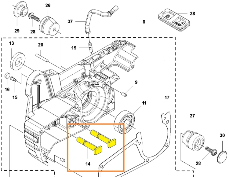 Śruba skrzyni korbowej pilarki 543 XP Husqvarna, śruba oznaczona kolorem żółtym, na schemacie widoczne są też inne części pilarki,