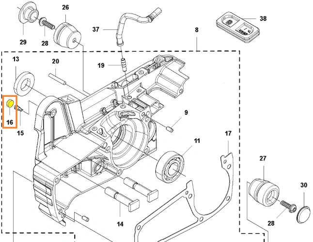 Uszczelka odpowietrznika pilarki spalinowej Husqvarna Model 543 XP, zdjęcie schematu umiejscowienia uszczelki, uszczelka oznaczona kolorem żółtym, numerem 16
