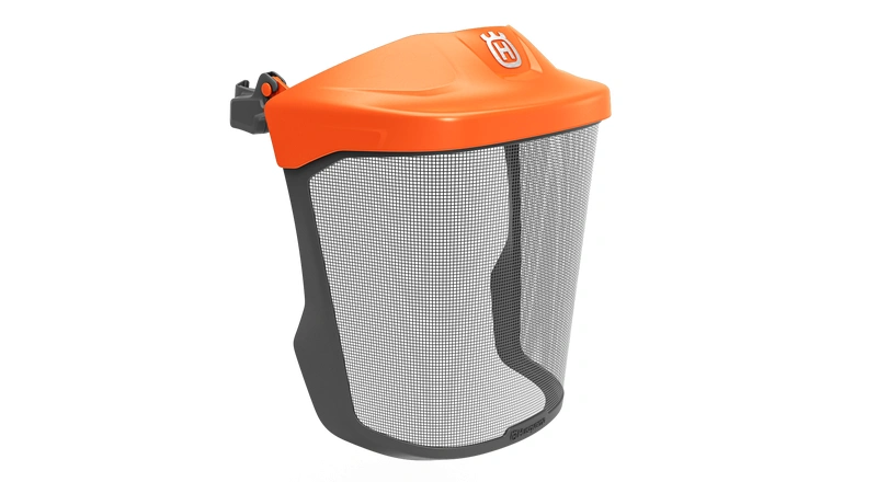 Siatkowa osłona twarzy Mesh Visor Husqvarna, w kolorze pomarańczowym z metalową siatką, siattka w kolorze czarnym, widoczne logo Husqvarna,