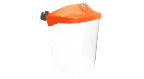 Przezroczysta osłona twarzy Clear Visor Husqvarna, w kolorze pomarańczowym z osłoną pleksi, widoczne logo Husqvarna,