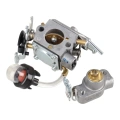 Gaźnik do piły Husqvarna 130/135 Mark II w kolorze metalicznym. Pozycja produktu frontalna, ukazująca detale montażowe i śrubę z mosiądzu. Niezbędny element do prawidłowego działania piły.