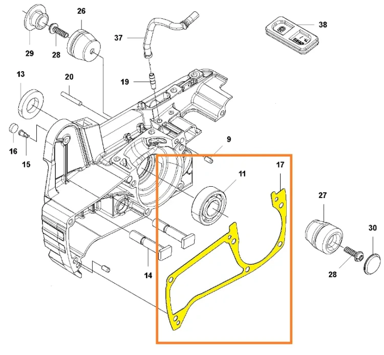 Uszczelka skrzyni korbowej do pilarki Husqvarna 543 XP, prostokątna z zaokrąglonymi rogami, z otworami mocującymi i wyraźnymi krawędziami, widoczna na schemacie części. oznaczona kolorem żółtym i numerem 17,