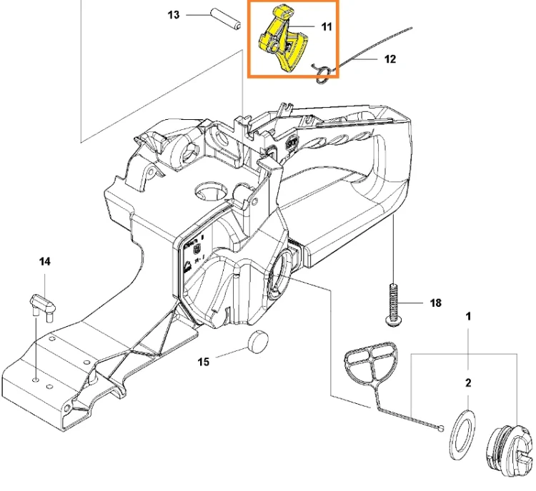 Dźwignia gazu pilarki Husqvarna 543 XP w kolorze żółtym, Widoczna z boku, detalicznie ukazuje elementy montażowe oraz sprężynę. Produkt leży na białym tle, bez dodatkowych akcesoriów.