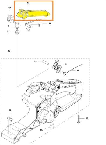 Pokrywa dźwigni gazu pilarki 543 XP Husqvarna, żółty element na jasnym tle zaznaczony pomarańczową ramką, ujęcie z boku na zdjęciu schematowym pokazujące umiejscowienie pokrywy w pilarce,