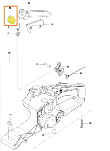 Osłona gumowa dźwigni gazu pilarki 543 XP Husqvarna, żółty element na jasnym tle zaznaczony pomarańczową ramką, ujęcie z boku na zdjęciu schematowym pokazujące umiejscowienie pokrywy w pilarce,