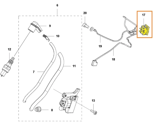 Wyłącznik pilarki Husqvarna 543 XP, czarny plastik z logo, frontalne ujęcie na obudowie, z graficznymi oznaczeniami przycisków i numerami, tło białe i minimalistyczne.