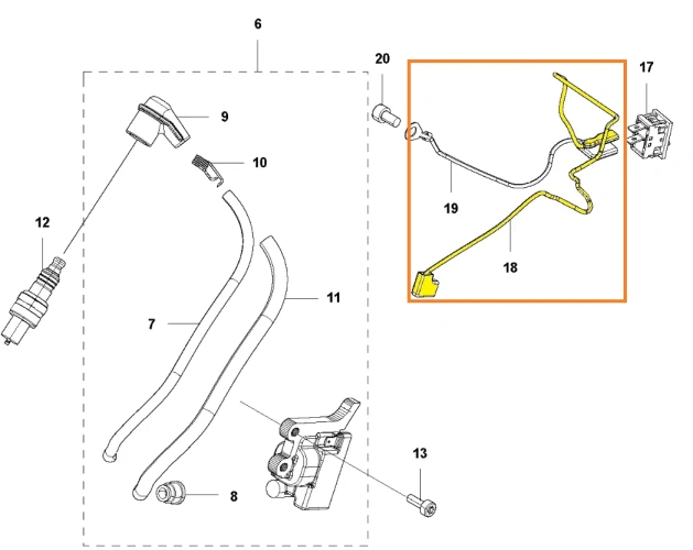 Wiązka przewodów pilarki 543 XP Husqvarna, element widoczny na zdjęciu schematowym, oznaczony kolorem żółtym i numerem 18,