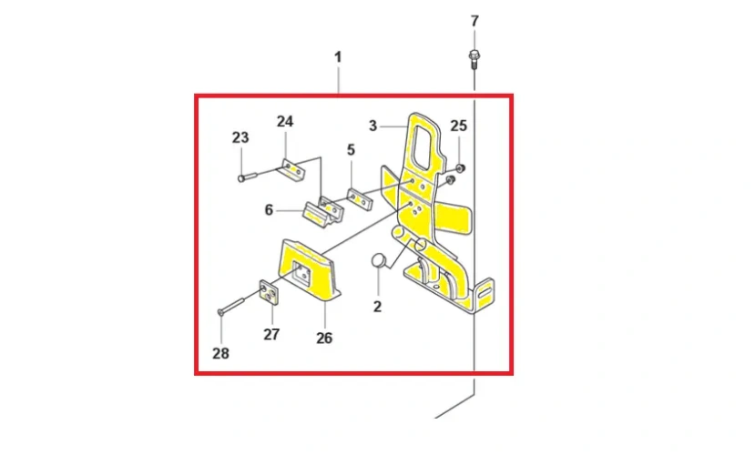 Schemat przedstawia uchwyt do zagęszczarek Husqvarna. Uchwyt jest dedykowany między innymi do zagęszczarki Husqvarna LF 60LAT
