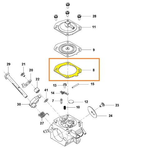 Uszczelka gaźnika do pilarki 543 XP Husqvarna, wykonana z elastycznego materiału, w kształcie prostokątnym. Z widocznymi otworami montażowymi, umiejscowiona na schemacie gaźnika. Element w korzystnym stanie, pokazany z perspektywy frontalnej.