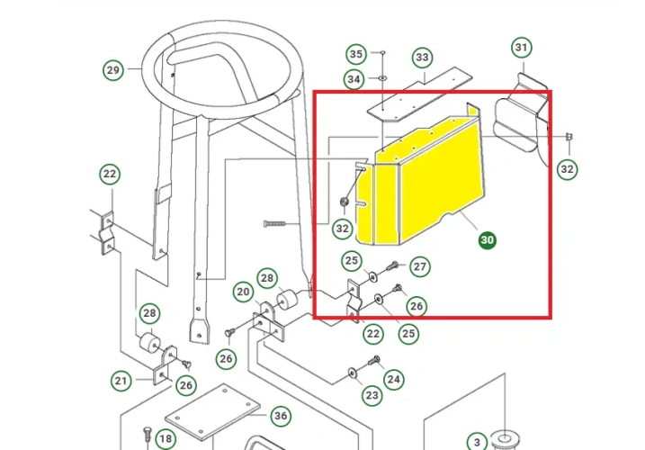 Schemat przedstawia osłonę pasa stosowaną w zagęszczarkach Husqvarna LX 90. Osłona jest oryginalną częścią przeznaczoną do zagęszczarek Husqvarna.