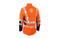 Kurtka do prac leśnych High Viz Technical Extreme Husqvarna w intensywnym pomarańczowym kolorze, z szaro-czarnymi elementami. Stanowiąca ważny element ochronny, ma odblaskowe pasy. Ujęcie z tyłu.