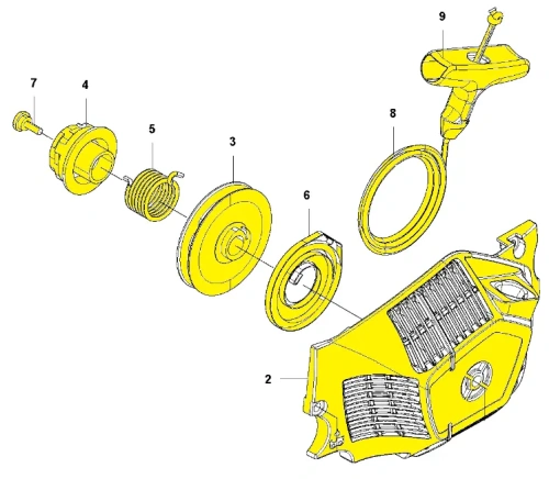 Kompletny rozrusznik do pilarki Husqvarna 543 XP na zdjęciu schematu, Widoczne detale mechaniczne: obudowa, sprężyna i koło rozrusznika na białym tle.