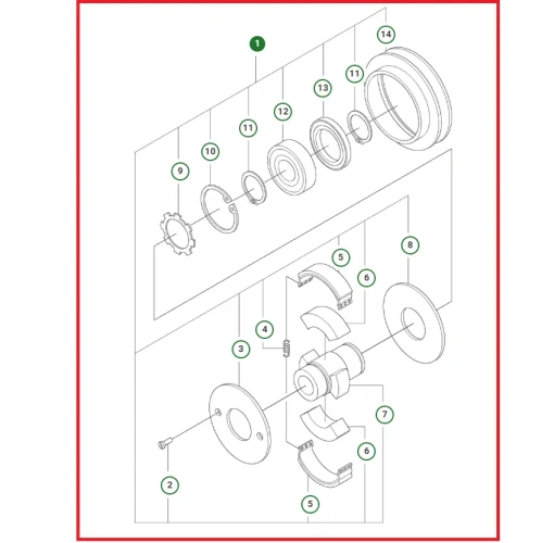 Schemat przedstawia sprzęgło odśrodkowe stosowane w zagęszczarkach Husqvarna LX 90. Sprzęgło jest oryginalną częścią przeznaczoną do zagęszczarek Husqvarna.