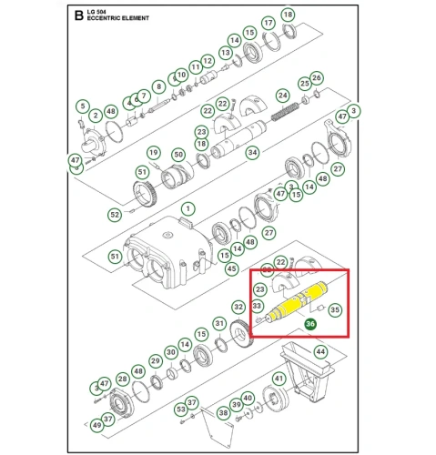 Schemat przedstawia trzonek ekscentryczny stosowany w zagęszczarkach Husqvarna. Trzonek jest dedykowany między innymi do modelu LG 504. Trzonek jest oryginalną częścią Husqvarna.