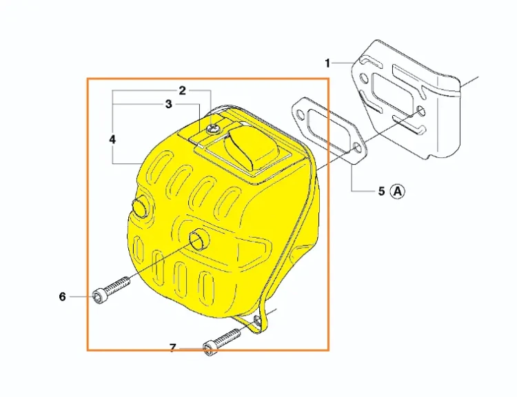 Tłumik pilarki Husqvarna 570, 575 XP, 576 XP w kolorze żółtym z widocznymi otworami montażowymi. Ujęcie z boku, pokazujące konstrukcję z uchwytami do mocowania. Elementy mocujące w komplecie. Obok śruba i klucz, przedstawione w formie schematu.