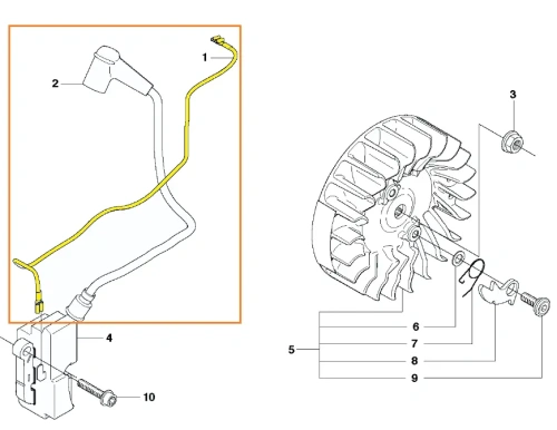 Przewód modułu pilarki Husqvarna 570. żółty przewód zapłonowy zakończony fabrycznymi konektorami po obu stronach, zdjęcie schematu, w tle widoczne inne części pilarki,