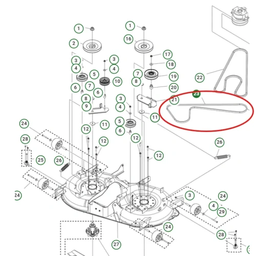 Pasek napędu noży do traktora Husqvarna TC220T, w kształcie litery Y, czarny, gładki, układany płasko na białym tle z widocznym schematem i numeracją.
