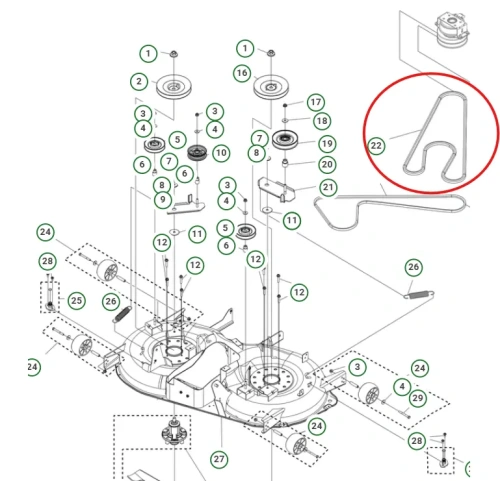 Pasek napędu noży do traktora Husqvarna TC220T, w kształcie litery Y, czarny, gładki, układany płasko na białym tle z widocznym schematem i numeracją.