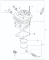 Zdjęcie schematu cylindra pilarki 570 Husqvarna, widoczne części współpracujące z cylindrem, na jasnym tle,