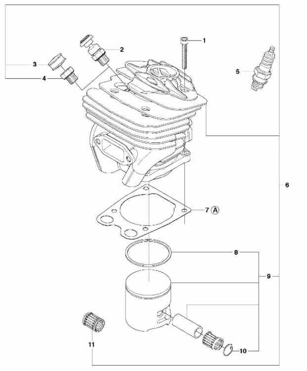 Zdjęcie schematu cylindra pilarki 570 Husqvarna, widoczne części współpracujące z cylindrem, na jasnym tle,