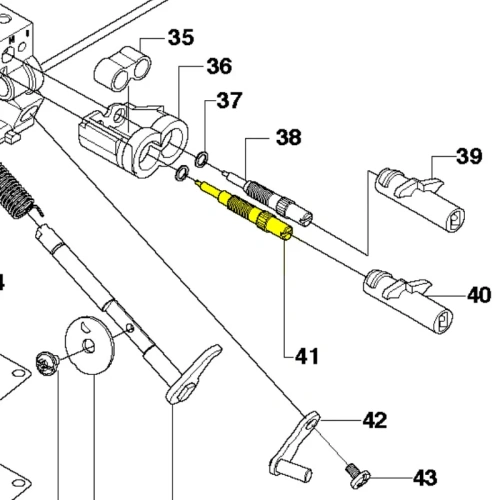 Śruba regulacji pompy oleju do pilarki Husqvarna 570,  Element metalowy w kolorze srebrnym, śruba oznaczona kolorem żółtym, widoczna na schemacie z innym częściami,