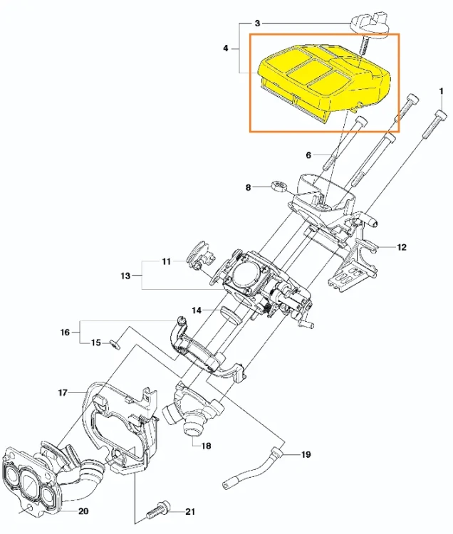 Filtr powietrza do pilarki Husqvarna 570/576XP/XPG, biały z prostokątnymi otworami wentylacyjnymi, widoczny na górze rysunku technicznego, z oznaczeniami i numerami części. Wykonany z materiałów syntetycznych.