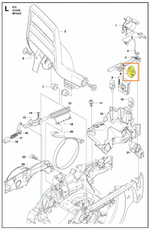 Uszczelnienie gumowe pilarki 570 Husqvarna, element widoczny na zdjęciu schematu, oznaczony kolorem żółtym i pomarańczową ramką, w tle widoczne inne części pilarki Husqvarna,