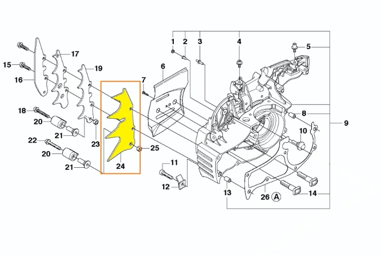 Ostroga pilarki Husqvarna 570 w kolorze metalicznym, o stalowej konstrukcji, widok z boku, złożona, ukazuje detale mocowania oraz elementy wewnętrzne. Przedmiot leży na białym tle, co zwiększa jego widoczność.