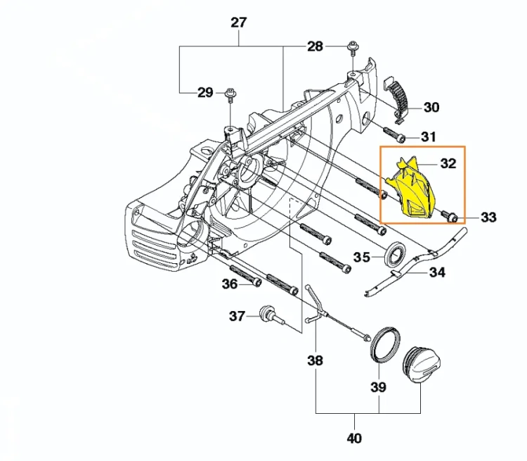 Dysza powietrzna pilarki Husqvarna 570, 575 XP, widoczna na schemacie pilarki wraz z innymi współpracującymi częściami, oznaczona kolorem żółtym, na jasnym tle,