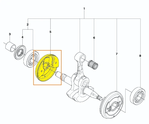 Żółta osłona wału pilarki Husqvarna 570, widoczna z boku w pozycji poziomej. Detale montażowe, wał, koło i łożyska są wyraźne. Tło jednolite.