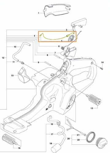Linka gazu pilarki 570 Husqvarna, przedstawiona na zdjęciu schematu, oznaczona kolorem żółtym, w tle znajdują się inne części pilarki, tło jasne, białe,