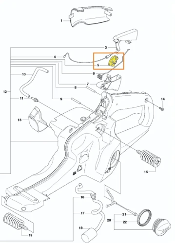 Dźwignia gazu pilarki Husqvarna 570, 575 XP. Element o ergonomicznym kształcie, oznaczony kolorem żółtym, umiejscowiony na schemacie razem z innymi częściami pilarki,