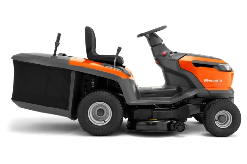 Traktor model TC114 marki Husqvarna z koszem widziany z boku, ergonomiczna kierownica, wygodny szary fotel