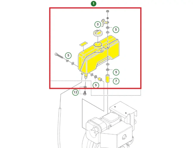 Schemat przedstawia zbiornik paliwa do zagęszczarki stosowaną w maszynach Husqvarna. Zbiornik jest dedykowany między innymi do modelu LG 504. Zbiornik jest oryginalną częścią Husqvarna.