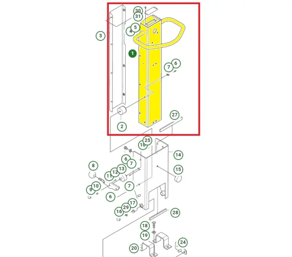 Schemat przedstawia oryginalny uchwyt do zagęszczarki stosowaną w maszynach Husqvarna. Uchwyt jest dedykowany między innymi do modelu LG 504. Uchwyt jest oryginalną częścią Husqvarna.