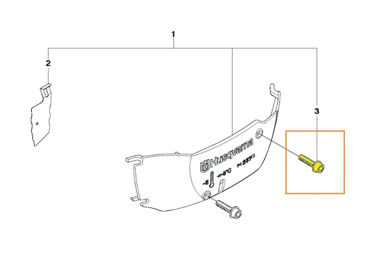 Śruba osłony zestawu zimowego do pilarki 575 XP Husqvarna, oznaczona kolorem żółtym i pomarańczową ramką, w tle widoczne pozostałe części zestawu zimowego,