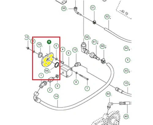 Schemat przedstawia adapter pompy hydraulicznej do zagęszczarki stosowany w maszynach Husqvarna. Adapter jest dedykowana między innymi do modelu LG 504. Adapter jest oryginalną częścią Husqvarna.
