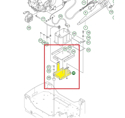 Schemat przedstawia uchwyt baterii do zagęszczarki stosowany w maszynach Husqvarna. Uchwyt jest dedykowany między innymi do modelu LG 504. Uchwyt jest oryginalną częścią Husqvarna.