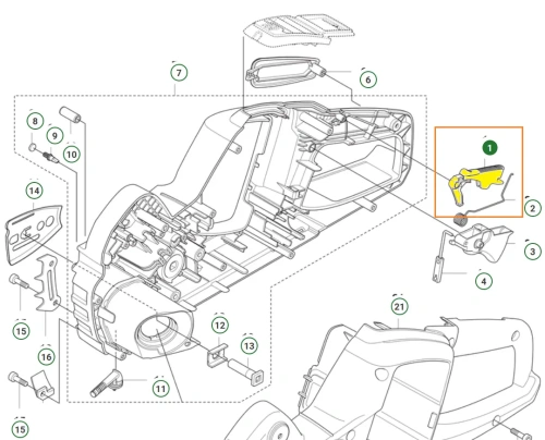 Czarna, metalowa blokada dźwigni gazu pilarki Husqvarna 535 iXP, ergonomiczna z wycięciem, widok z góry na białym tle, z czytelnym oznaczeniem numerycznym, idealna do Husqvarny.