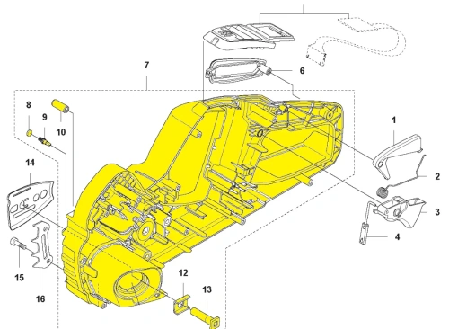 Skrzynia korbowa pilarki Husqvarna 535i XP, pomarańczowa, z metalowymi elementami montażowymi. Zdjęcie z boku, produkt na transparentnym tle ukazującym szczegóły konstrukcji.