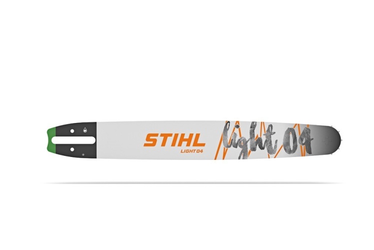 Prowadnica Stihl Light E o długości 14 cali, grubości 3/8 cala i 1.3 mm, prezentowana w ujęciu frontalnym. Biała powierzchnia z czarnym logo marki Stihl oraz czytelnymi oznaczeniami. Wzmocniona konstrukcja z zaokrąglonym końcem.