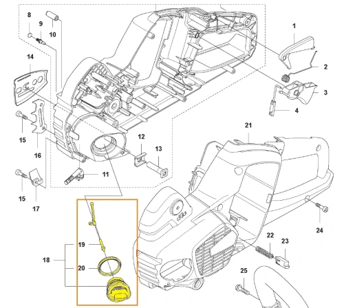 Czarny korek paliwa pilarki Husqvarna 535i XP z uchwytem, w zbliżeniu. Wyposażony w białą linkę mocującą. Okrągły kształt z wypukłymi rowkami, przeznaczony do łatwego odkręcania. Widoczny detal mocowania z boku.