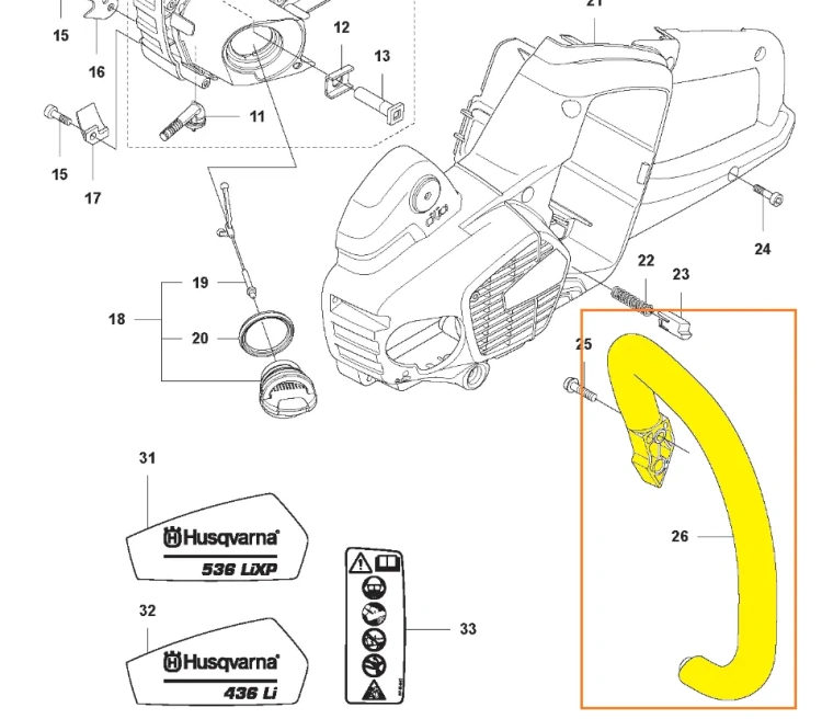 Uchwyt przedni pilarki Husqvarna 535i XP. Zdjęcie schematu pilarki. Na tle białym, zapewniającym dobrą widoczność detali.
