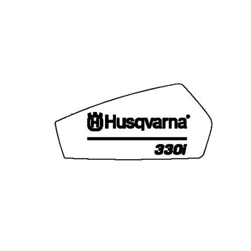 Naklejka pilarki 330i Husqvarna. Widoczne logo Husqvarna oraz napis serii maszyny. Ułożona na jednolitym tle.