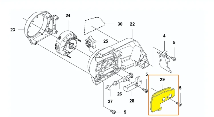 Płytka pilarki Husqvarna 535i XP w kolorze żółtym, przedstawiona z boku. Elementy montażowe w postaci metalowego uchwytu oraz widoczna konstrukcja. Elementy nawiązuje do części mechanicznych pilarki, dobrze widoczne detale i kształty.
