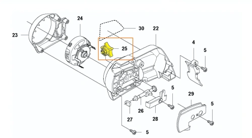 Napinacz łańcucha do pilarki Husqvarna 240i widoczny w widoku z góry, z oznaczonymi numerami części na białym tle, ułatwiającymi rozpoznanie i montaż.