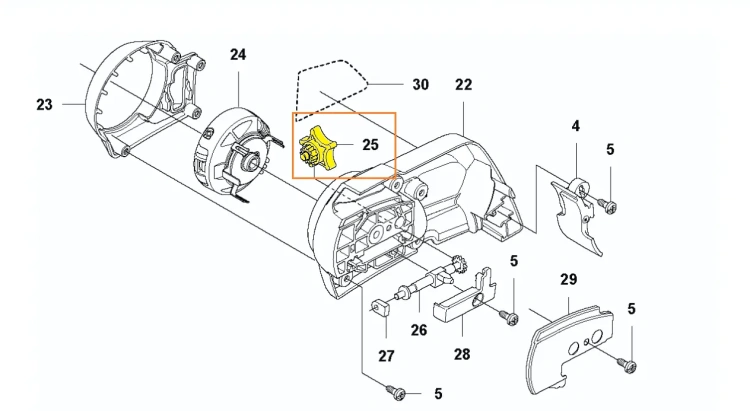 Napinacz łańcucha do pilarki Husqvarna 240i widoczny w widoku z góry, z oznaczonymi numerami części na białym tle, ułatwiającymi rozpoznanie i montaż.